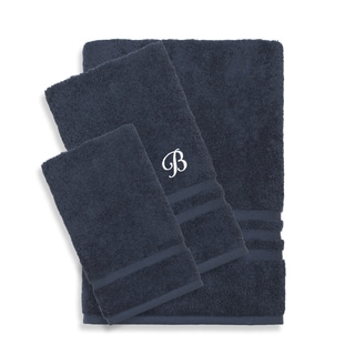 Authentic Hotel and Spa Omni Turkish Cotton Terry 3-piece Navy Blue Bath Towel Set with White Script Monogrammed Initial