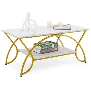 Costway Coffee Table Modern Marble 2-Tier Coffee Table Gold Rectangle - See Details