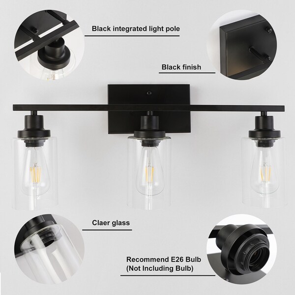 YANSUN 24 in.3-Light Matte Black Vanity Light Modern Industrial Vintage Bathroom Lighting Fixture with Accents and Clear Glass