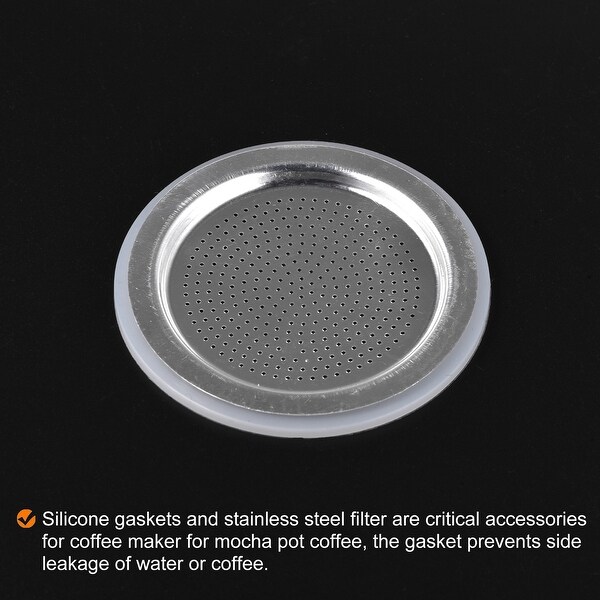 3x Silicone Gasket 1x Filter Screen 66x54mm for 6-Cup Mocha Coffee Pot - White, Silver Tone