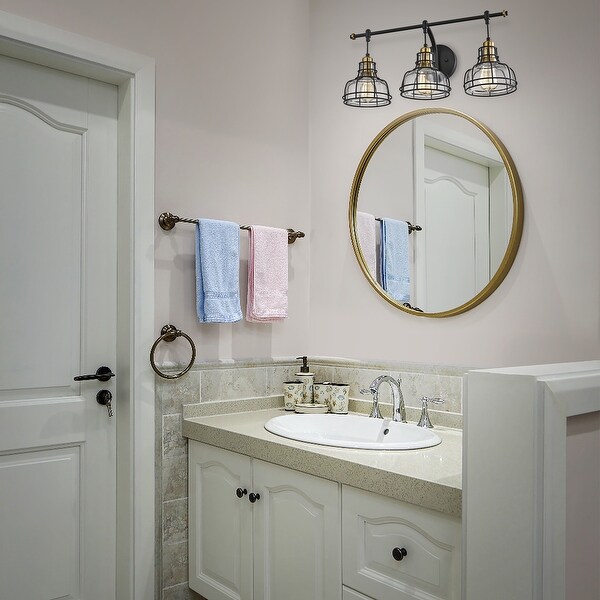 Black and Antique Gold 3-Light Vanity with Clear Glass Shades