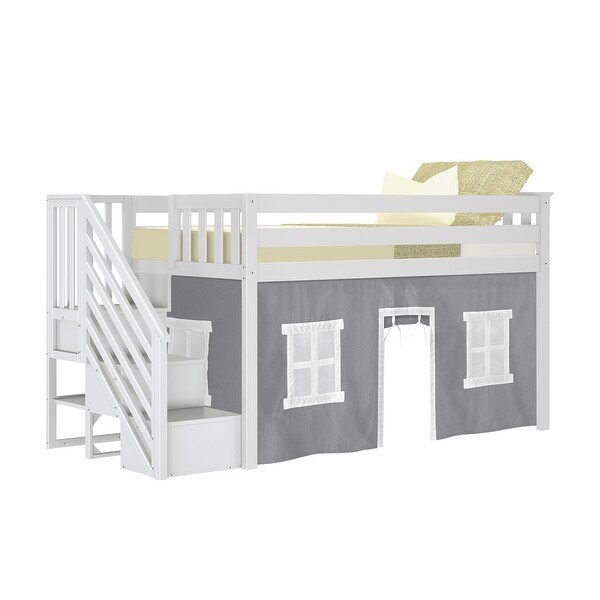 Max and Lily Twin Low Loft with Stairs and Curtains