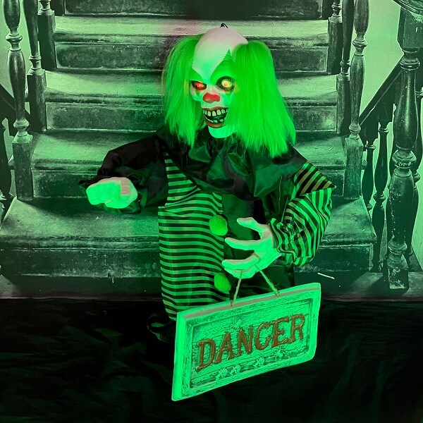 Haunted Hill Farm Troubles the Talking, Shaking, Mini Animatronic Clown with Light-Up Eyes for Scary Halloween Decoration