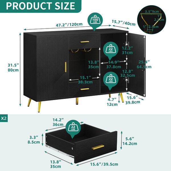 Modern Wood Buffet Cabinet Sideboard Buffet with Storage Adjustable Shelf Wine Glass Holder