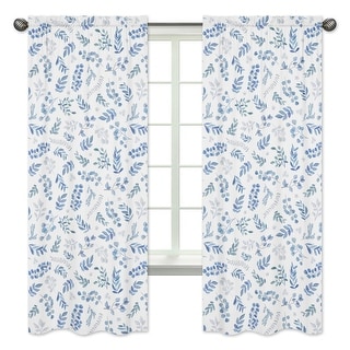 Floral Leaf 84in Window Treatment Curtain Panel Pair - Blue Grey White Boho Watercolor Botanical Flower Woodland Tropical Garden