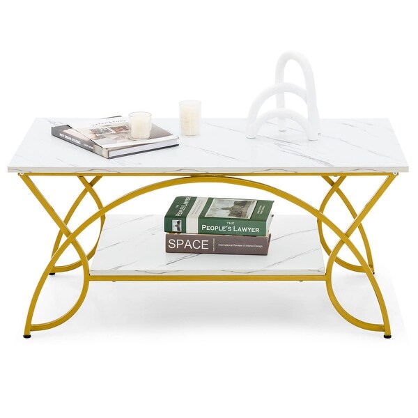 Costway Coffee Table Modern Marble 2-Tier Coffee Table Gold Rectangle - See Details