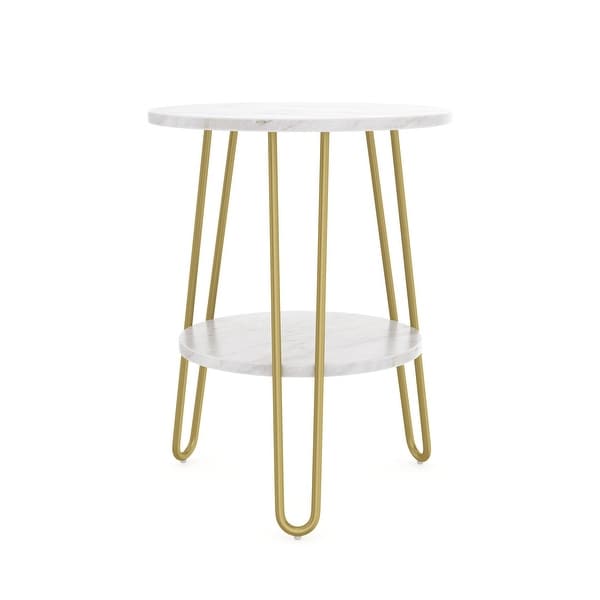 Nathan James Ashley White Round Marble End or Side Table with Brass Hairpin Legs and Storage Shelf