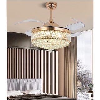 Crystal Ceiling Fan with Light Remote Control Chandelier Retractable Fandelier, Luxury 3 Color Lighting for Dining Room