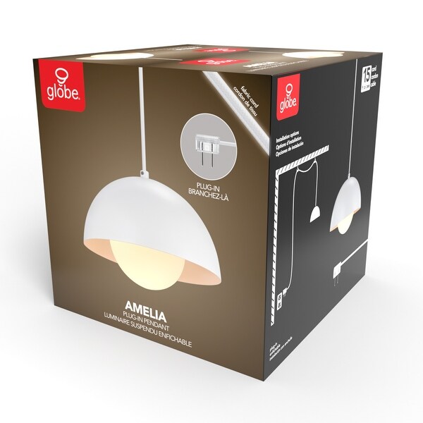 Amelia 1-Light Matte White Plug-In Pendant Lighting White Glass Shade - 10"