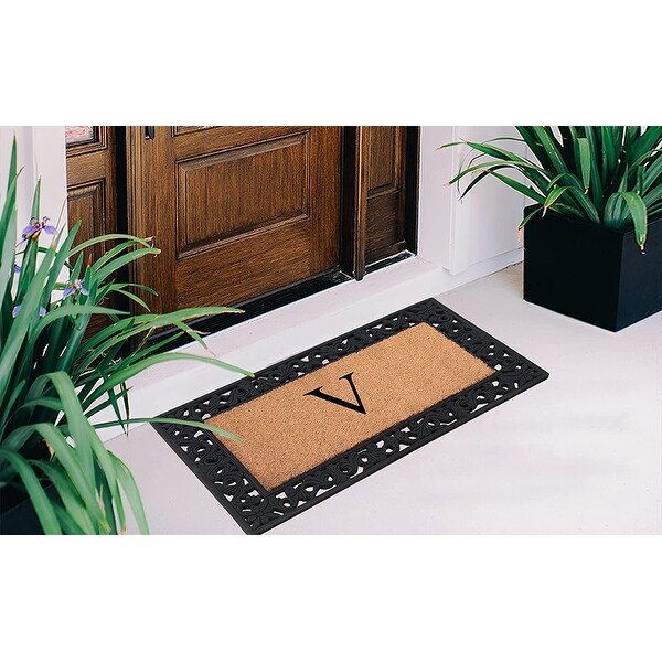 A1HC Rubber and Coir Floral Pattern Outdoor Entrance Durable Monogrammed Doormat 18"X30", Black