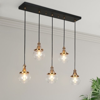 Mid-century Modern Black Gold 5-Light Linear Chandelier Glass Island Light for Dining Room