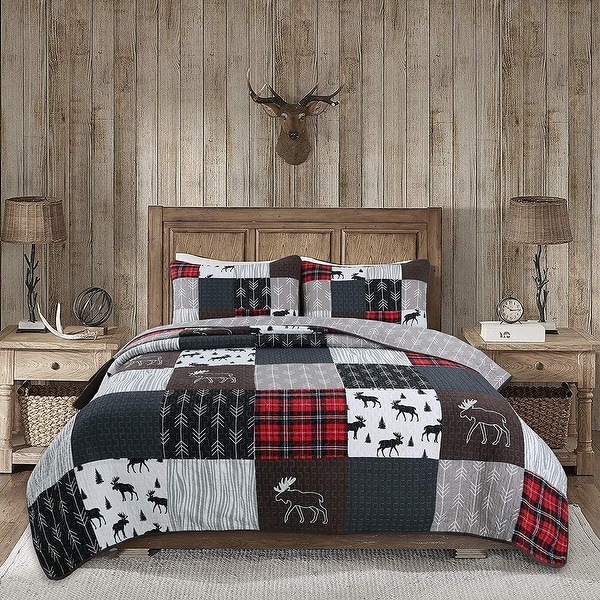 Rustic Lodge Moose Real Patchwork Reversible Quilt Set