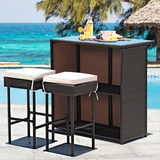 Outdoor 3PCS Patio Wicker Rattan Bar Set Table w/2 Cushioned Stools