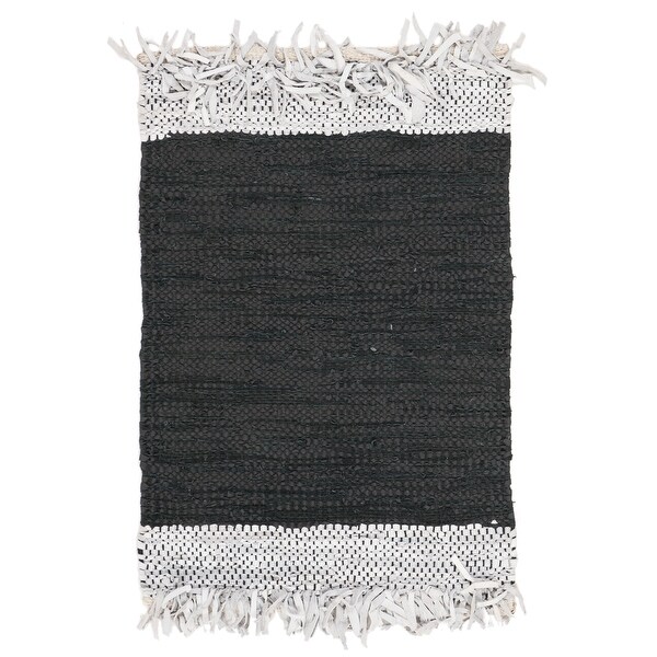 SAFAVIEH Handmade Vintage Boho Leather Shukrie Modern Stripe Leather Rug with Fringe