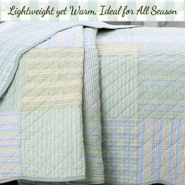 Cozy Line Square Patchwork Plaid Stripes Blue Green Cotton 3-Piece Reversible Quilt Bedding Set