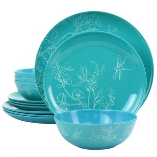 Flower Vines Melamine Dinnerware 12 Piece Set in Teal