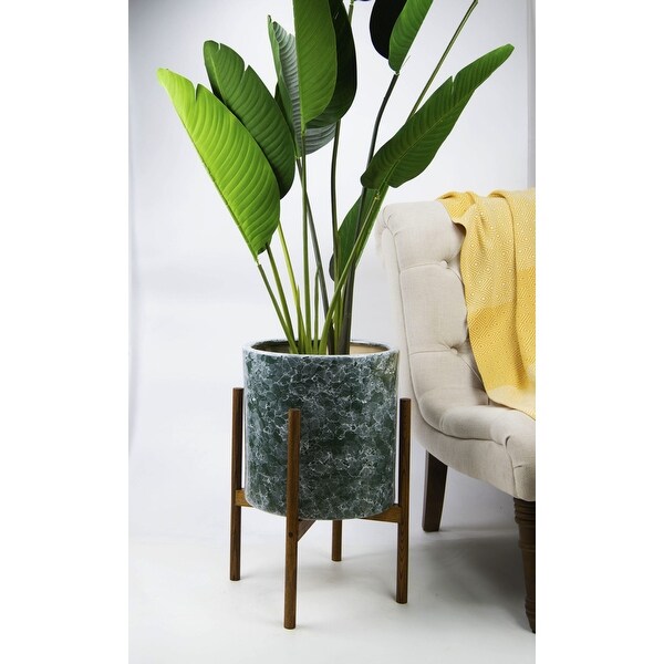 UPshining 13'' Extra Large Mid-Century Modern Ceramic Planter Green Marble With Wood Stands