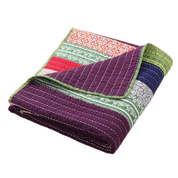 60 Inch Cotton Throw Blanket, Multi Color Stripes, Kantha Hand Quilting