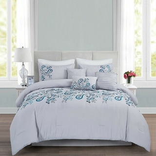 7 Piece Comforter Set Embroidered Design Microfiber Queen White Pesley
