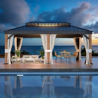 Outdoor Galvanized Steel Roof Gazebo Pergola w Wooden Coated Alumninum Frame, Privacy Curtains and Nettings Include