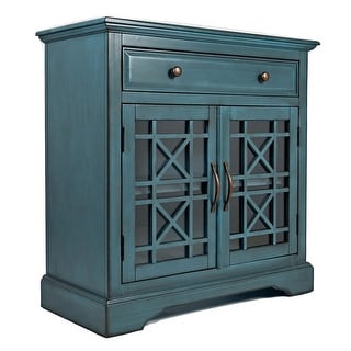 32 Inch Wooden Accent Cabinet with Fretwork Glass Front, Blue