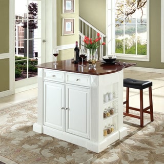 Coventry Drop Leaf Breakfast Bar Top Kitchen Island in White Finish with 24" Cherry Upholstered Saddle Stools