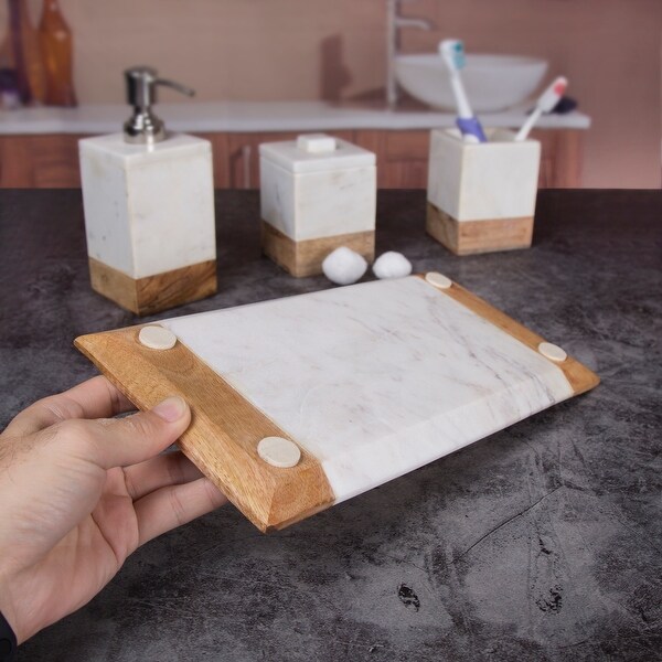 Creative Home Off-White Marble and Mango Wood Vanity Tray, Bath Towel Tray, Bathroom Accessory Organizer
