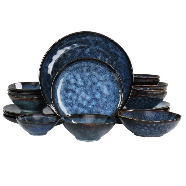 Elama Lucca 20 Piece Round Stoneware Triple Bowl Dinnerware Set in Reactive Glaze Blue - Glaze Blue