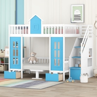 Blue Full-Over-Full Bunk Bed with Changeable Table and Drawer, Sturdy Pine Wood and MDF Construction, Playhouse Design