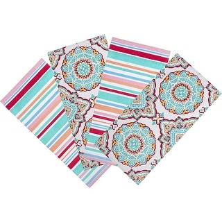 Mudd 100% Cotton Printed 4-Pack Beach Towel, 28 x 58 Inch, Medallion & Cabana Stripe Teal Print