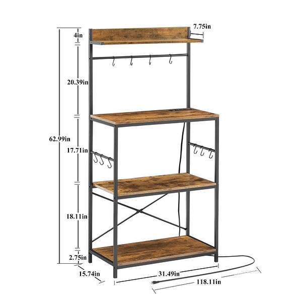 Bakers Rack with Power Outlet, Microwave Stand with 10 S-Shaped Hooks, 3 Tier, Coffee Bar, Kitchen Storage Shelf, Brown
