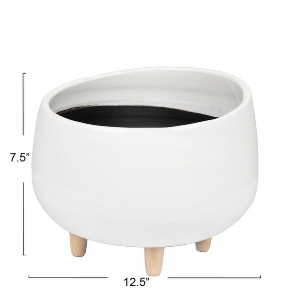 White Planter with Wood Feet