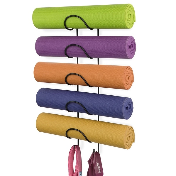 Wallniture Moduwine Yoga Mat and Foam Roller Holder, Towel Rack with Hooks, 5-Sectional, Black