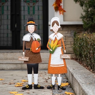 Glitzhome Thanksgiving Metal Pilgrim Yard Stake/Standing Decor/Hanging Decor (3 Functions)