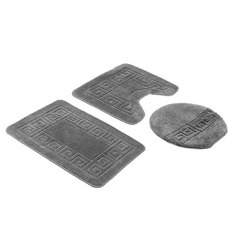 Bath Set 3 Piece Anti-Slip Dark Grey Patchwork Bathroom Mat, Large Contour Mat & Toilet Seat Lid Cover