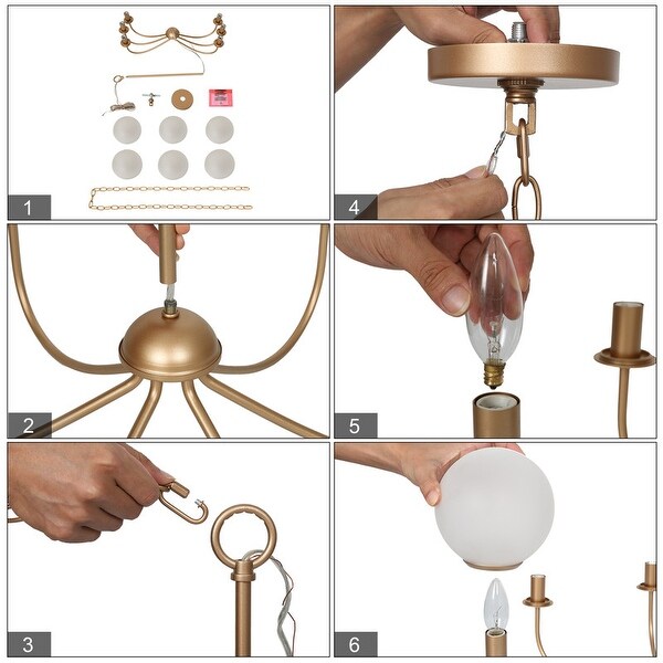 Mid-centry Modern Glam Gold 6-Light Metal Chandelier Wheel Globe Ceiling Light for Dining Room