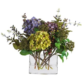 Mixed Hydrangea w/Rectangle Vase Silk Flower Arrangement - 12