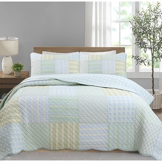 Cozy Line Square Patchwork Plaid Stripes Blue Green Cotton 3-Piece Reversible Quilt Bedding Set