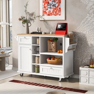 Kitchen Island Cart with Storage and Two Locking Wheels, Dining Room Floor-Standing Sideboard with Solid Wood Top