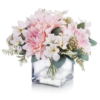 Enova Home Mixed Artificial Silk Dahlia Faux Flowers Arrangement in Cube Glass Vase with Acrylic Water for Home Office Decor