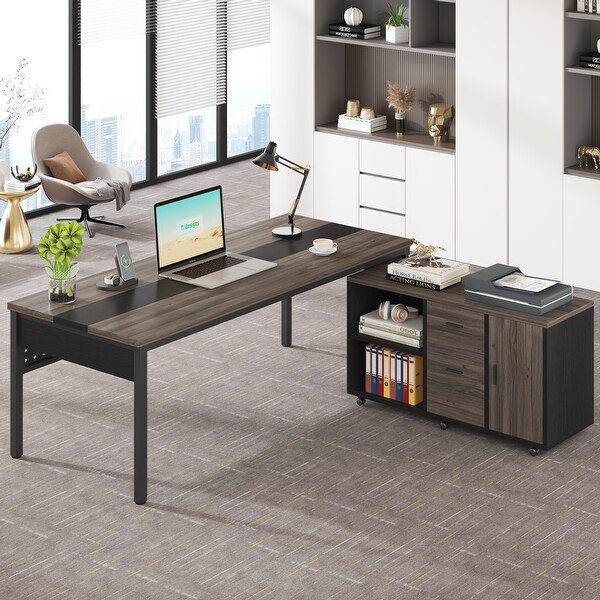 Large 70.8 inch Computer Desk with 47 inch Lateral File Cabinet, Executive Office Desk Workstation, Brown