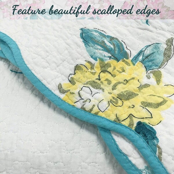 Cozy Line Lowe 3- piece Floral Reversible Cotton Quilt Set - Aqua/White/Pink/Yellow