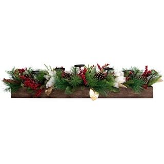 Fraser Hill Farm 42-inch 5-Candle Holder Centerpiece with Pine, Red Berries and Gold Leaf Accents in Wooden Box - Multi