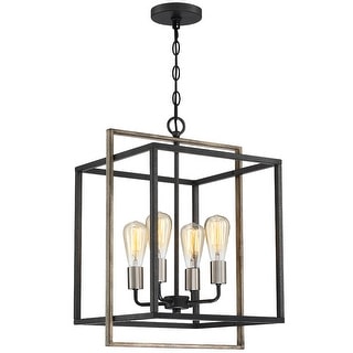4-Light Black Square Farmhouse Chandelier with Wood Accents - 15.8"W