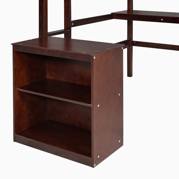 Full Size Wood Loft Bed with Desk, Drawers Cabinet and Writing Board