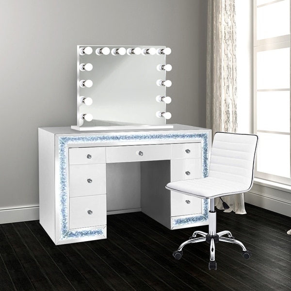 Glam-Crystal White 7-Drawer LED Makeup Station w Stool and Hollywood Mirror - Glossy White