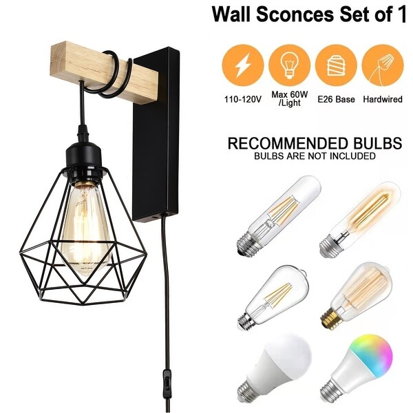 Plug-in Wall Sconces Wood Wall Light Fixture Black Wall Lamp 1-Light