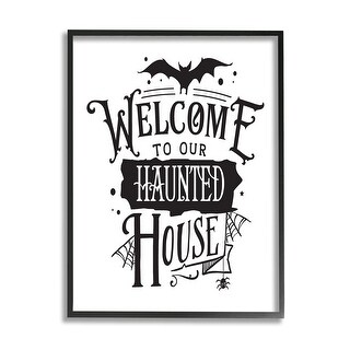 Stupell Welcome Haunted House Halloween Bat Spider Webs Framed Wall Art - White