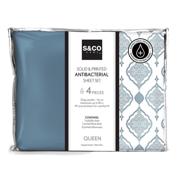 Antibacterial Printed Solid 4 Piece Double Blue Sheet Set