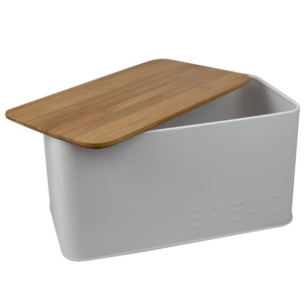 Tin Bread Box with Bamboo Top, White